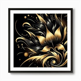 Gold Floral Design On Black Background Art Print