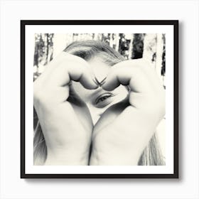 Woman Peeking Through A Heart Shape She Does With Her Hands Art Print