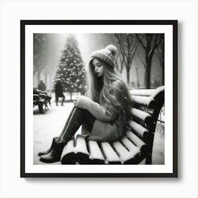 Girl Sitting On Bench In Snow Art Print