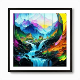 Abstract art stained glass art of a mountain village in watercolor 4 Art Print