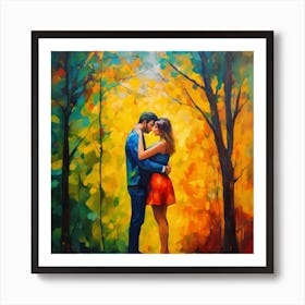 Kissing Couple In The Forest Art Print