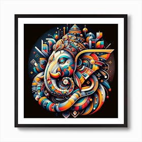 "Abstract Aum: Ganesha's Cosmic Dance" - This piece presents Lord Ganesha in an intricate abstract style, blending traditional iconography with futuristic geometry. The deity is at the center of a cosmic dance, surrounded by shapes and symbols that represent the vibrancy of the universe. The use of bold, electric colors against the dark background makes Ganesha's form pop, symbolizing his divine light amidst the chaos of the cosmos. This artwork is a perfect blend of spirituality and modern design, ideal for adding a striking and thought-provoking presence to any contemporary space. Art Print