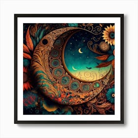 Moon And Flowers 12 Art Print