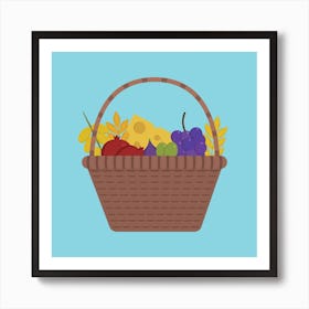 Wicker Basket With Fruits And Dairy Products Icon In Flat Design Art Print