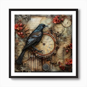 Crow On A Clock Art Print