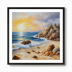 Oil painting design on canvas. Sandy beach rocks. Waves. Sailboat. Seagulls. The sun before sunset.32 Art Print