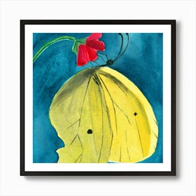 Yellow Butterfly - square watercolor yellow teal red Art Print