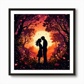 Love In The Forest, Silhouettes Of Two People Hugging Surrounded By Elements Of Nature Flowers Trees Growing , Silhouette Of Couple In The Forest Art Print