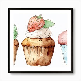 Watercolor Cupcakes Art Print