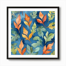 Watercolor Leaves On Blue Background Art Print 2 Art Print