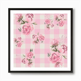 Gingham Ditsy Watercolor Flowers Pink Art Print