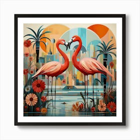 Flamingos in Urban Oasis – Modern Tropical Art with Geometric Design Art Print