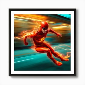 A Dynamic Image Of The Flash In Motion, Utilizing Warm Terracotta And Cool Teal Colors, With Blurred Lines And Action Poses, Emphasizing The Earthy And Cool Contrast Art Print