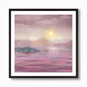 Pink Mountains With Colorful Stripes Square Art Print