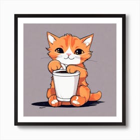 Cute Orange Kitten Loves Coffee Square Composition 7 Art Print