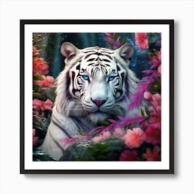 White Tiger With Flowers Art Print