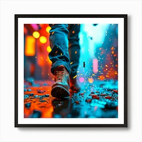 Wreck Havoc AI Art Illustration Photo Realism Gigantic Shoe Stepping on Neon Style With Depth effect and cinematic ambiance. Art Print