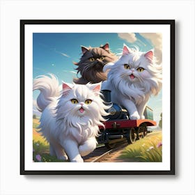 Three Cats Playing Trains Art Print