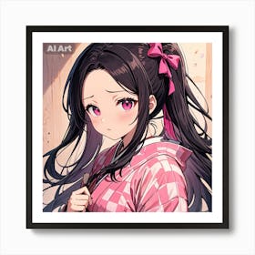 A girl having pink eyes and black hair, wearing a pink kimono and a pink ribbon on her hair. Art Print