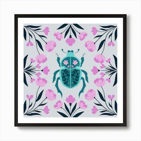 Beetle and flowers - pink and turquoise Art Print