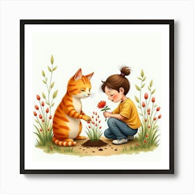 Vibrant Orange Tabby Cat And A Person Gardening Together In Watercolor 1 Art Print