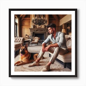 Man And Dog In Living Room Art Print