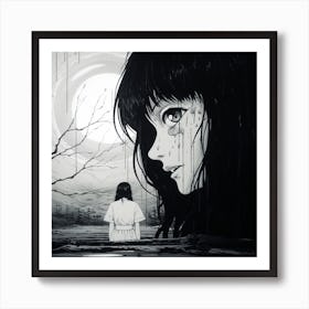 Girl Looking At The Moon black and white manga Junji Ito style Art Print