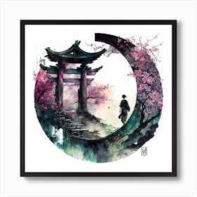 Myeera Peaceful Warrior Yin Yang Symbol Cherry Blossoms Temple Art Print