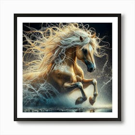 Golden Horse Running In Water Art Print
