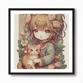 Cute Girl With Cat 1 Art Print