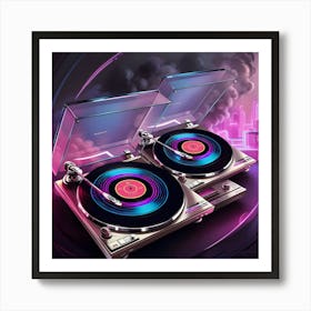 A Highly Detailed, Ultra High Resolution Illustration Of Two Vintage Turntables Spinning Vinyl Records, Blasting Vibrant, Neon Lit 80 S Music, Set Against A Moody, Smoky Background With Subtle Gradient Effects Art Print