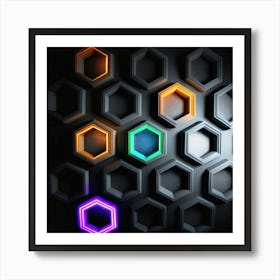 Hexagonal shapes with neon lights, futuristic, cyberpunk, background 2 Art Print