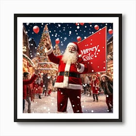 A Festive Christmas Scene With A Cheerful Man Dressed As Santa Claus Holding A Sign Fingers Pointin (5) Art Print