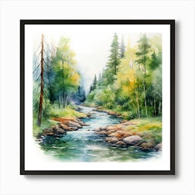 Watercolor Of A River In The Forest Art Print