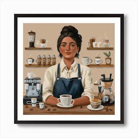 a skilled barista in a cozy coffee shop, surrounded by espresso machines, coffee beans, and latte art. This warm and visually rich art print is perfect for coffee enthusiasts and those who appreciate the craft of specialty coffee, bringing a touch of coffee culture to home decor. Art Print