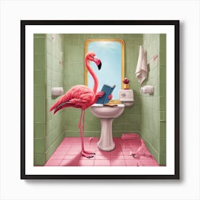 Flamingo In Bathroom Art Print