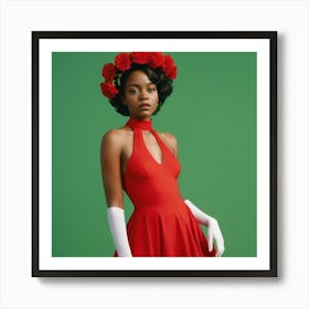 Girl with a wreath of red flowers 1 Art Print