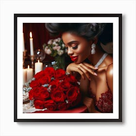 Beautiful African Woman With Red Roses Art Print