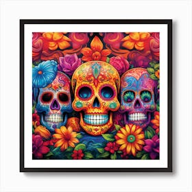 Maraclemente Many Sugar Skulls Colorful Flowers Vibrant Colors 2 Art Print