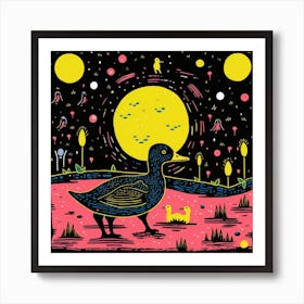 Ducklings At Night Linocut Style 3 Art Print