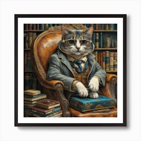 Cat Connoisseur Print Art A Sophisticated Cat In Glasses, Reclining In A Cozy Chair Surrounded By Books, Exuding An Air Of Refined Elegance Art Print