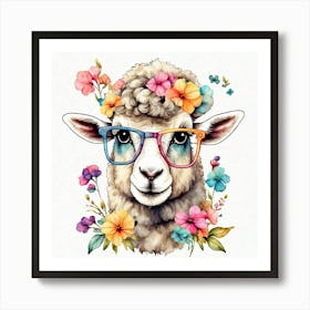 Watercolor Cute Funny Sheep With Eyeglas wall art Art Print