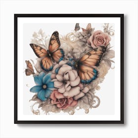 Butterflies And Roses 1 Art Print