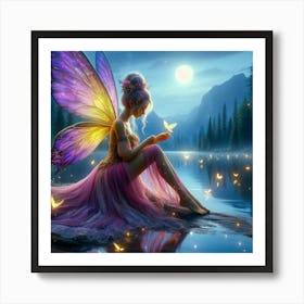 Fairy sitting by the lake under the moon Art Print