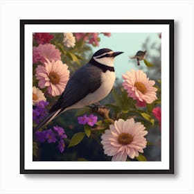 A Bird Over The Flowers Art Print