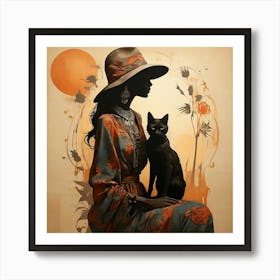 Boho Art Silhouette of a stylish woman with a cat Art Print