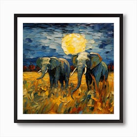 Elephants At Night Art Print