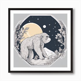 Sticker Art Design, Ape Howling To A Full Moon, Kawaii Illustration, White Background, Flat Colors, 1 Art Print