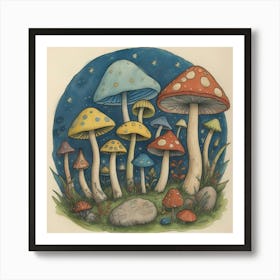 Mushrooms In The Night Art Print