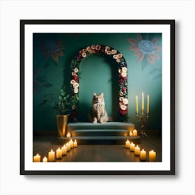 Cat Sitting In Front Of Candles Art Print